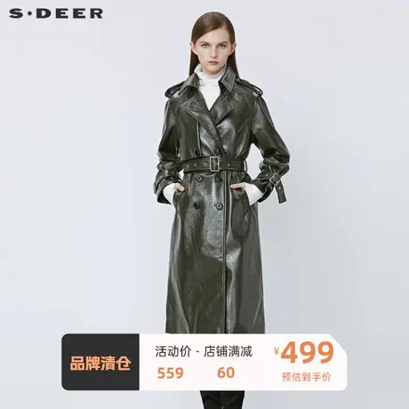 sdeer圣迪奥女装复古翻领收腰双排扣PU皮长款大衣S21481843⭕商品大图