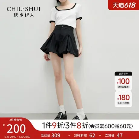 秋水伊人黑色短裤女2025夏季新款休闲裤时尚百搭高腰花苞裤子女款商品大图