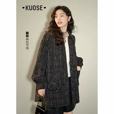 阔色黑色格子粗花呢衬衫外套女2024秋冬新款复古棕色翻领衬衣上衣商品大图