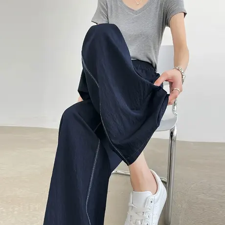 侧明线速干阔腿裤女夏季薄款高腰宽松垂感肌理感藏青色防晒直筒裤商品大图