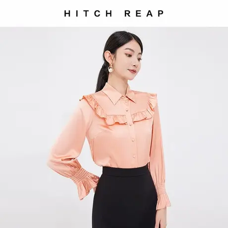 希区瑞普新品款复古衬衫女缎面真丝桑蚕丝荷叶边上衣图片