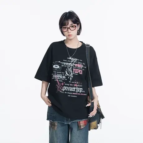 YEP复古黑色印花短袖t恤女春夏2025新款街头情侣装半袖宽松上衣潮图片