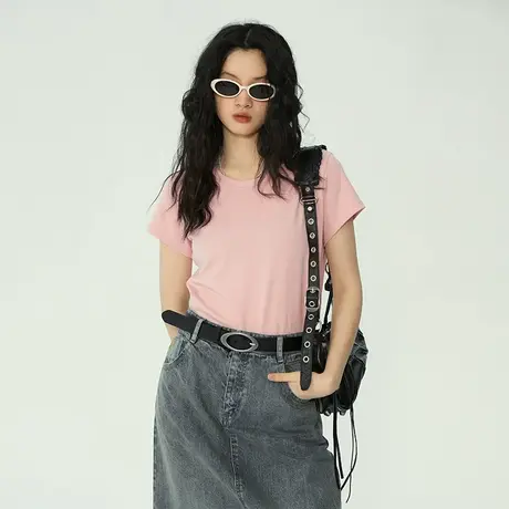 omont蛋挞家 短款正肩T恤女夏季新款复古圆领基础款短袖修身上衣商品大图