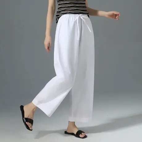 白色高腰阔腿裤女夏季薄款2025新款小个子裤子宽松休闲直筒九分裤商品大图