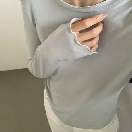 莫代尔面膜长袖T恤女春夏季正肩白色内搭打底衫短款防晒罩衫上衣图片