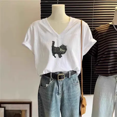 白色休闲T恤女oversize大码胖mm藏肉显瘦短袖夏ins潮洋气V领上衣图片