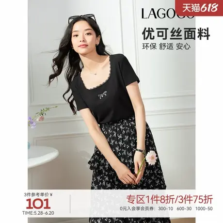 【优可丝】LAGOGO黑色蕾丝修身T恤女拉谷谷2025夏季新款短袖上衣图片