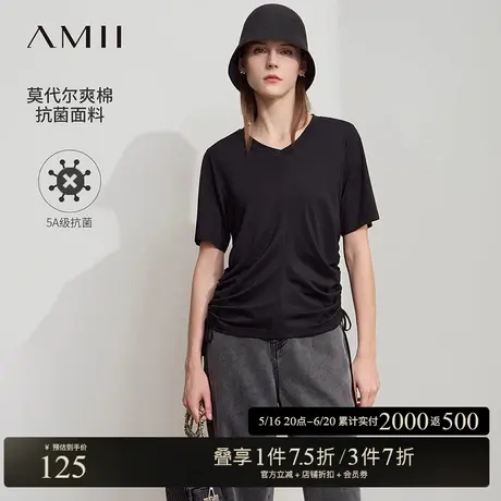 Amii2025夏新款V领短袖莫代尔棉弹力抽绳绑带抗菌T恤女休闲上衣图片