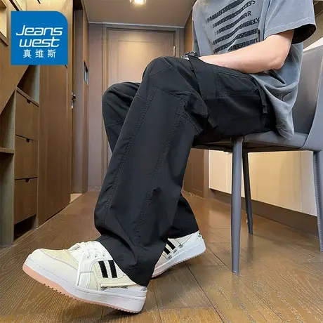 KZH真维斯美式潮牌休闲裤男夏季新款宽松直筒裤黑色伞兵工装长裤商品大图