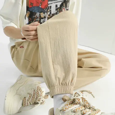 亚麻休闲裤夏季薄款男士卡其色棉麻男裤宽松束脚长裤2025新款裤子图片