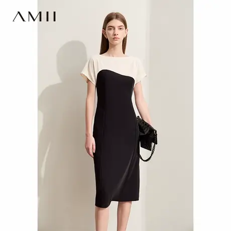 Amii2025夏新款优雅通勤一字领撞色拼接连衣裙女修身显瘦收腰裙子商品大图