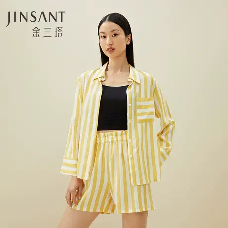 不易皱真丝】100%桑蚕丝时尚竖条纹可外穿家居服睡衣套装女金三塔商品大图