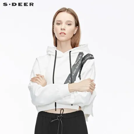sdeer圣迪奥女装撞色胶印不规则拼接蝙蝠袖连帽卫衣S19482228图片
