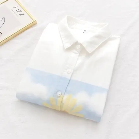 春季清新文艺彩绘印花长袖衬衫女双层棉纱柔软透气宽松打底上衣图片