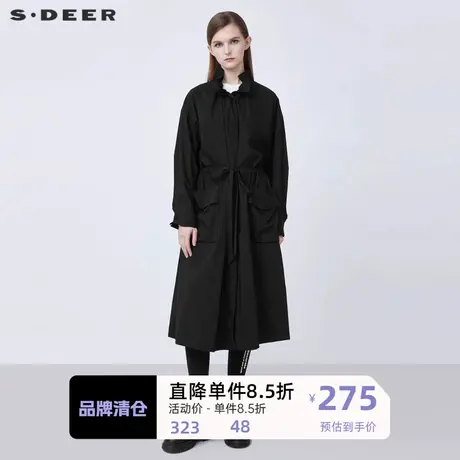 sdeer圣迪奥女装休闲翻领抽褶收腰黑色风衣S21361808图片