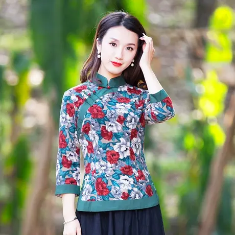 唐装女中国风改良旗袍上衣汉服长袖盘扣复古茶服禅服民族风女装商品大图