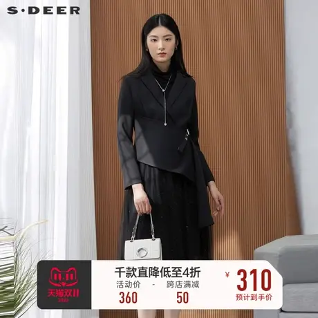 sdeer圣迪奥女装休闲网纱拼接外套长袖连衣裙套装S223Z1447图片