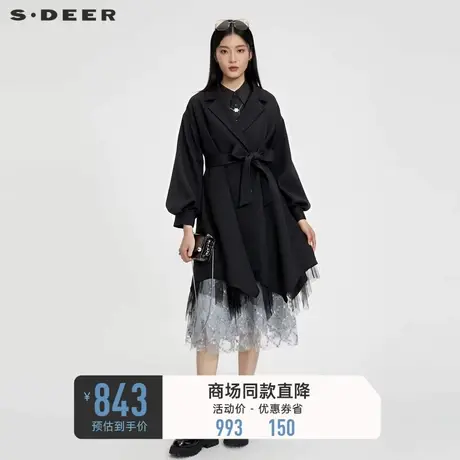 sdeer圣迪奥女装西装领收腰网纱灯笼袖风衣S231Z1808图片