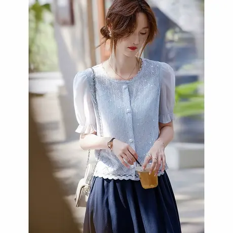 时尚短袖衬衫2025年夏季新款女圆领淑女百搭蕾丝短款减龄上衣商品大图