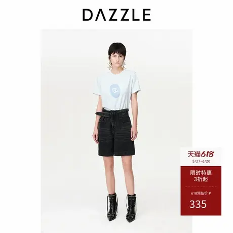 DAZZLE地素奥莱百慕大牛仔短裤春夏装高腰腰带宽松阔腿裤子女图片
