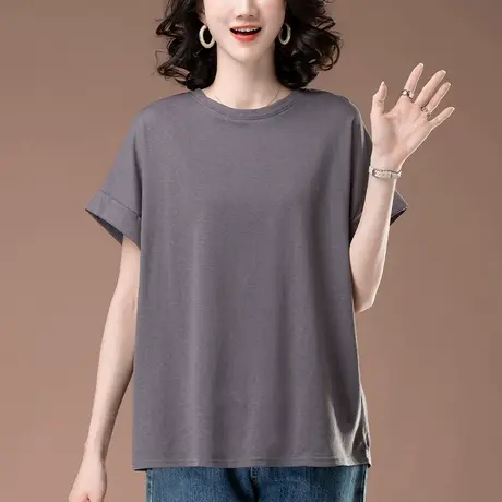 短袖t恤女夏季新款纯色加大码女装宽松中年妈妈圆领休闲半袖体恤图片