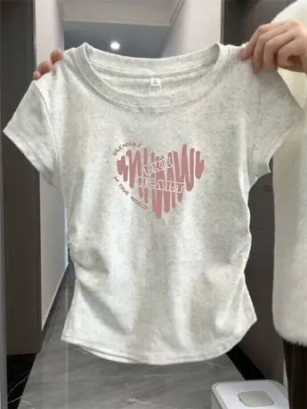 纯棉正肩t恤短袖女夏季新款别致小众褶皱卡腰显瘦灰色圆领上衣服商品大图