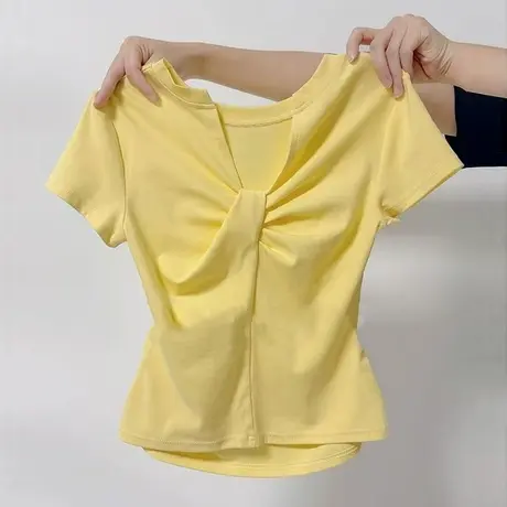 辣妹一字肩斜肩短袖T恤女夏季修身韩版短款小个子V领紧身收腰上衣商品大图