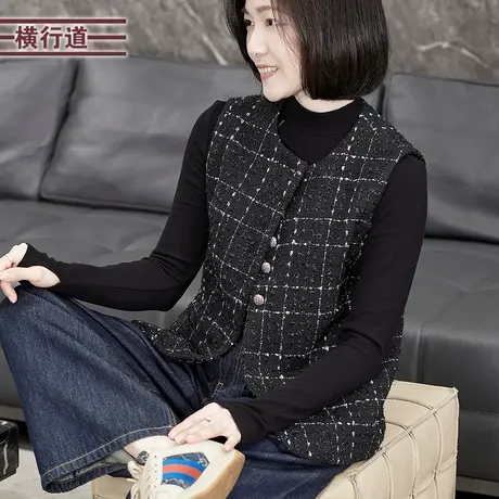 小香风马甲黑色格子圆领背心外套休闲复古无袖外搭女装2025春装商品大图