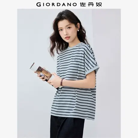 佐丹奴T恤女装纯棉条纹刺绣小高领连袖针织短袖T恤 13325207商品大图