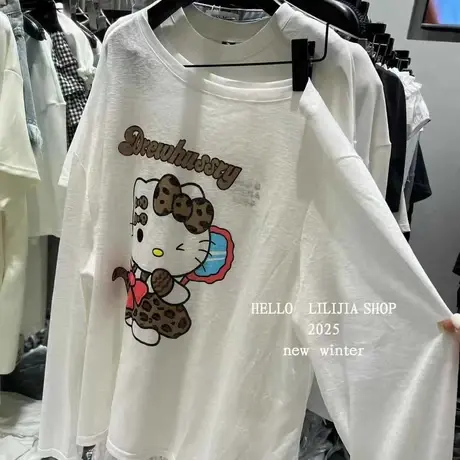 韩国东大门夏季新款卡通kitty薄款宽松防晒罩衫斜领露肩长袖T恤商品大图