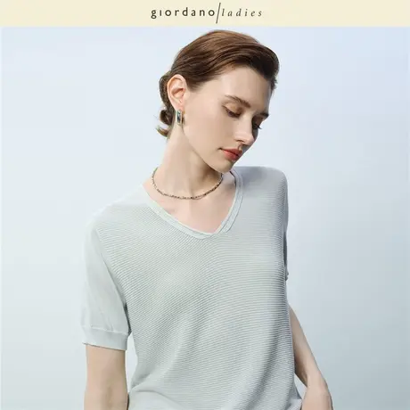 GL2025夏季新款短袖针织衫肌理感优雅简约短款V领上衣女02355032商品大图