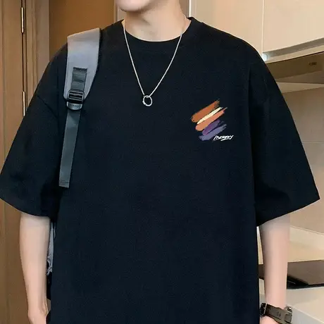 日系简约纯棉涂鸦短袖t恤男夏季新款重磅圆领半袖潮牌简约上衣服图片