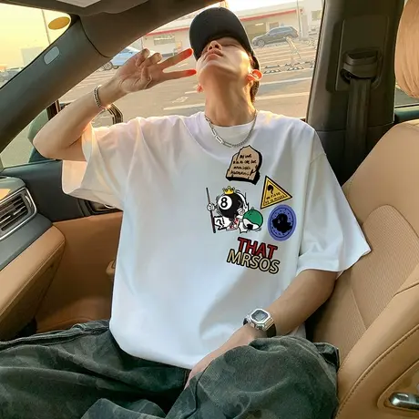 短袖T恤男夏季新款大码男生宽松半袖上衣美式运动休闲圆领体恤衫商品大图