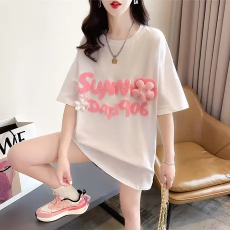 设计感小众短袖t恤女夏季韩版宽松大码女装胖mm中长款百搭上衣服商品大图