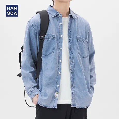 汉斯卡 牛仔衬衫男长袖春季新款潮牌ins复古工装纯棉宽松休闲外套商品大图