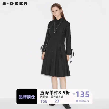 sdeer圣迪奥女装休闲翻领压褶系带长袖连衣裙S21361201🐹商品大图