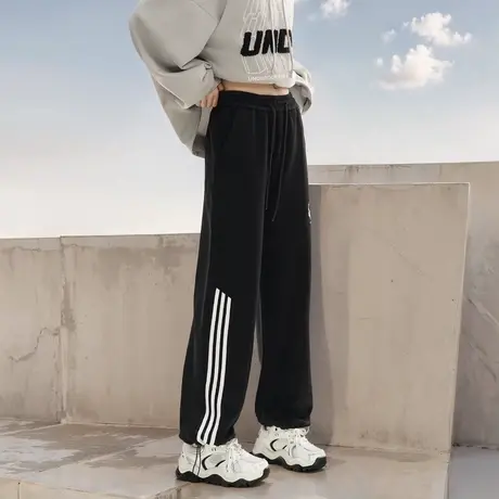 街头复古条纹卫裤女春秋2025新款宽松直筒裤潮牌运动裤显瘦休闲裤商品大图
