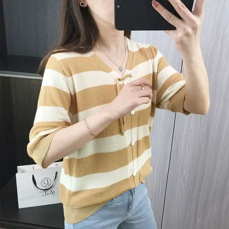 条纹上衣女夏季薄款冰丝针织衫宽松2024年新款设计感短袖t恤潮商品大图