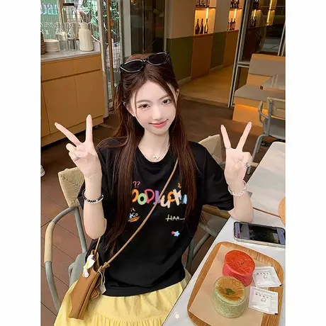 韩系ins风简约休闲黑色落肩t恤女短袖高级感字母印花纯棉上衣潮牌商品大图