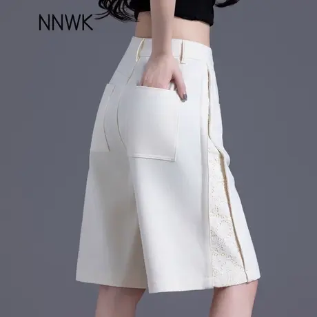 象牙黄色五分牛仔短裤女2025夏季蕾丝拼接直筒裤天丝薄款阔腿中裤商品大图