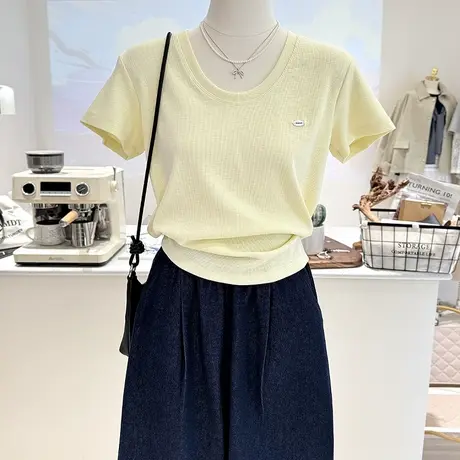 春夏新款韩系短款简约百搭纯色修身显瘦大领口短袖打底衫T恤女商品大图