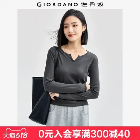佐丹奴长袖T恤女新款纯棉纯色打底衫小V领弧形下摆上衣女05324799图片