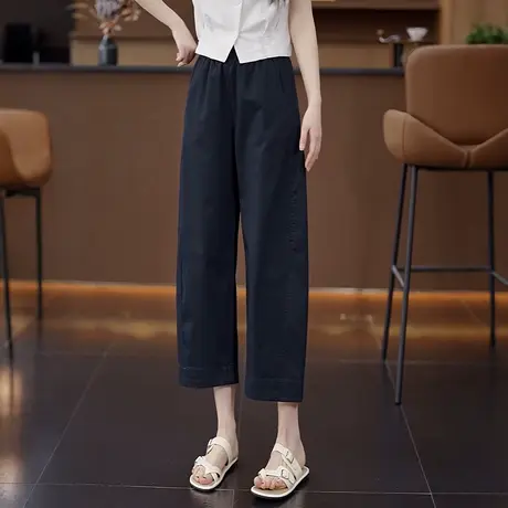 天丝棉九分弯刀裤女夏季薄款小个子高腰阔腿裤松紧腰窄版直筒裤商品大图