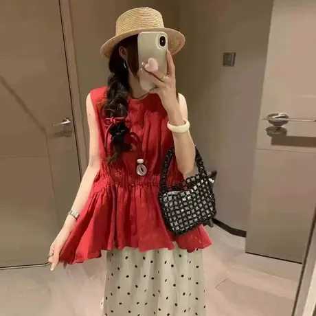 法式气质红色上衣女夏季2025新款高级感时尚百搭无袖背心娃娃衫女图片