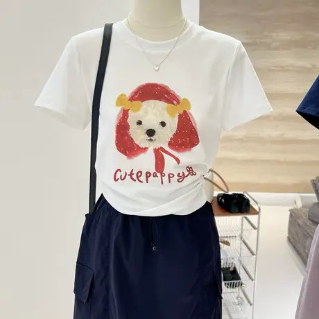 夏季新款韩系百搭卡通萌萌小狗印花修身显瘦短袖打底衫T恤女上衣商品大图