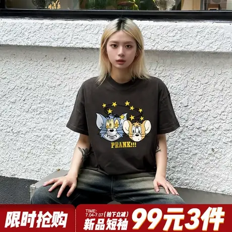 美式复古卡通印花深灰色短袖t恤女夏季新款宽松百搭重磅纯棉上衣商品大图