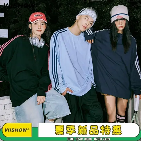 VIISHOW美式复古插肩袖圆领卫衣男春秋薄款条纹套头长袖T恤上衣商品大图