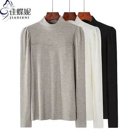 春秋季半高领长袖磨毛泡泡灯笼袖纯色打底衫纯白内搭休闲气质女装商品大图
