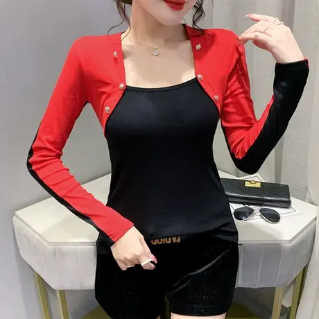 个性拼色T恤女长袖设计感小众秋装方领假两件上衣洋气内搭打底衫商品大图