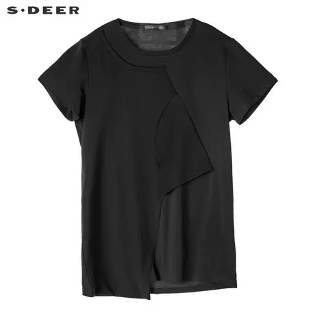 sdeer圣迪奥2019夏女装打底衫简约圆领解构拼接短袖T恤S18280130图片